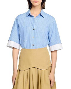 �T���h�� ���f�B�[�X �g�b�v�X �V���c �N���b�v�h Sandro Cropped Check Shirt Ciel/ Blanc �`�F�b�N