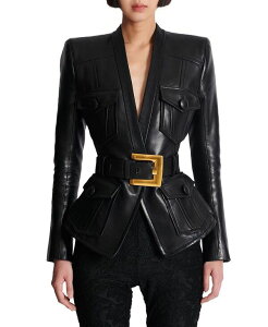 �o���}�� ���f�B�[�X �A�E�^�[ �W���P�b�g�E�u���]�� ���U�[ �W���P�b�g Balmain 1-Button Belted Leather Jacket Black �u���b�N