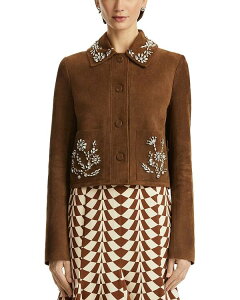 IXJ[ f  ^ fB[X AE^[ WPbgEu] XG[h Oscar de la Renta Rhinestone Trim Suede Jacket Dark Cognac