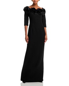 �e���W�����o�C���b�L�[�t���[�}�� ���f�B�[�X �g�b�v�X �����s�[�X �N���[�v Teri Jon by Rickie Freeman Crepe 3D Flower Off the Shoulder Three Quarter Length Sleeved Gown Black �u���b�N