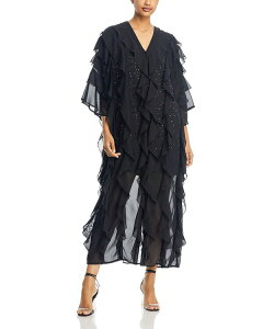 �~�\�b�N ���f�B�[�X �g�b�v�X �����s�[�X �e�B�A�[�h �V�t�H�� �t���� �}�L�V Misook Tiered Ruffle Woven Chiffon Maxi Dress Black �u���b�N