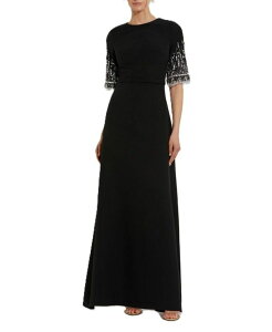�}�b�N�_�K�� ���f�B�[�X �g�b�v�X �����s�[�X �N���[�v A ���C�� Mac Duggal Crepe A Line Gown With Beaded 3/4 Sleeves Black �u���b�N