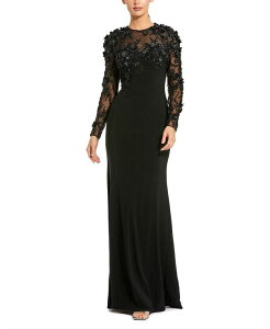 �}�b�N�_�K�� ���f�B�[�X �g�b�v�X �����s�[�X �t�����[�� �W���[�W�[ �t�����[ Mac Duggal Jersey Long Sleeve Fitted Gown With Floral Beading Black �u���b�N