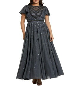 �}�b�N�_�K�� ���f�B�[�X �g�b�v�X �����s�[�X �V�A�[ Mac Duggal Sheer Flutter Sleeve Beaded Fluffy Net Gown Charcoal �`���R�[��