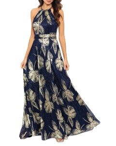 �A�N�A ���f�B�[�X �g�b�v�X �����s�[�X �t�����[�� �v�����g �t�����[ �z���^�[ AQUA Floral Print Foil Halter Gown - Exclusive Navy/gold �l�C�r�[