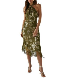 �E�G�A�n�E�X ���f�B�[�X �g�b�v�X �����s�[�X �V�t�H�� �~�f�B �g�[�� Warehouse Metallichiffon Wrap Front Midi Dress Olive �I���[�u