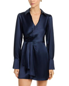 �A�N�A ���f�B�[�X �g�b�v�X �����s�[�X �~�j �T�e�� AQUA Long Sleeve Satin Wrap Mini Dress - Exclusive Navy �l�C�r�[