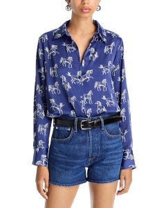 �A�N�A ���f�B�[�X �g�b�v�X �V���c �v�����g AQUA Horse Print Relaxed Shirt -Exclusive Navy/Ivory �A�C�{���[
