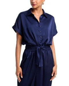 �A�N�A ���f�B�[�X �g�b�v�X �V���c �T�e�� AQUA Tie Front Satin Shirt Navy �l�C�r�[