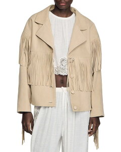 �T���h�� ���f�B�[�X �A�E�^�[ �W���P�b�g�E�u���]�� �X�G�[�h �t�����W Sandro Jackie Fringe Suede Jacket Beige �x�[�W��