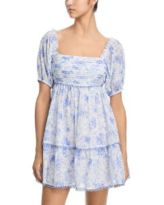 �A�N�A ���f�B�[�X �g�b�v�X �����s�[�X �t�����[�� �~�j �t�����[ AQUA Floral Toile Puff Sleeve Mini Dress - Exclusive White/Blue �z���C�g