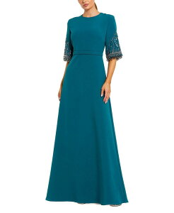 �}�b�N�_�K�� ���f�B�[�X �g�b�v�X �����s�[�X �N���[�v A ���C�� Mac Duggal Crepe A Line Gown with Beaded 3/4 Sleeves Ocean