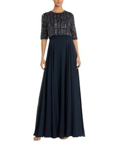 �}�b�N�_�K�� ���f�B�[�X �g�b�v�X �����s�[�X �V�t�H�� Mac Duggal Beaded 3/4 Sleeve Chiffon Gown Midnight