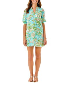 �����[�s�����b�c�@�[ ���f�B�[�X �g�b�v�X �����s�[�X ���l�� Lilly Pulitzer Mialeigh Elbow Sleeve Linen Dress Fresh Water Blue Sunbathers Bliss �u���[