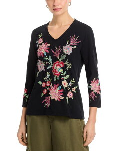 �W���j�[���Y ���f�B�[�X �g�b�v�X T�V���c V�l�b�N Johnny Was Three Quarter Sleeve Traounto V Neck Tee Black �u���b�N