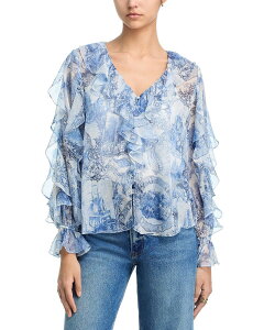 �A�N�A ���f�B�[�X �g�b�v�X �V���c �t���� AQUA Seashell Toile Ruffle Long Sleeve Top with Built in Camisole - Exclusive White/Navy �z���C�g