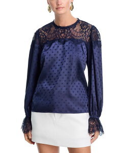 �A�N�A ���f�B�[�X �g�b�v�X �V���c �h�b�g�� �h�b�g ���[�X AQUA Polka Dot Lace Long Sleeve Top - Exclusive Navy �l�C�r�[
