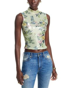 �u�����h���E�}�N�X�E�F�� ���f�B�[�X �g�b�v�X �^���N�g�b�v ���b�N�l�b�N Brandon Maxwell Piper Paillette Mock Neck Tank Green Floral �O���[��