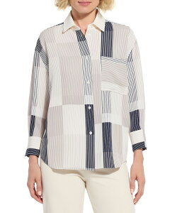 ���X ���f�B�[�X �g�b�v�X �V���c �N���b�v�h Lyss Jessica Three Quarter Sleeve Cropped Shirt Oslo Stripe Collage �X�g���C�v