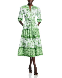 �e�B�[�E�^�n�� ���f�B�[�X �g�b�v�X �����s�[�X �v�����g �~�f�B Tahari Three Quarter Sleeve Split Neck Printed Midi Dress Green Blossom �O���[��