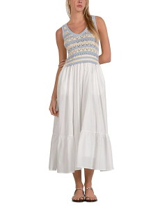 �G���� ���f�B�[�X �g�b�v�X �����s�[�X �~�f�B �j�b�g Elan Mixed Media Knit Midi Dress White Blue �z���C�g