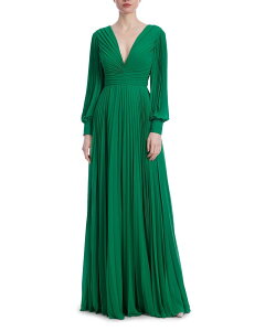 �o�b�W�F���[�~�V���J ���f�B�[�X �g�b�v�X �����s�[�X �v���[�c Badgley Mischka Sunburst Pleated Long Sleeved Gown Kelly Green �O���[��