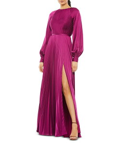 �}�b�N�_�K�� ���f�B�[�X �g�b�v�X �����s�[�X �T�C�h�X���b�g �n�C�l�b�N �v���[�c Mac Duggal Pleated High Neck Raglan Long Sleeve Side Slit Gown Berry