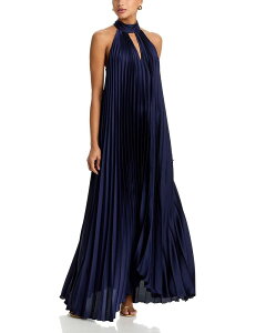 �A�N�A ���f�B�[�X �g�b�v�X �����s�[�X �n�C�l�b�N �v���[�c �T�e�� AQUA High Neck Pleated Satin Dress - Exclusive Navy �l�C�r�[