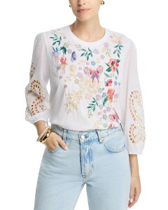 �W���j�[���Y ���f�B�[�X �g�b�v�X T�V���c Johnny Was Three Quarter Sleeve Mixed Media Tee White �z���C�g