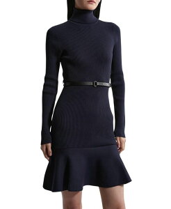 �J�����~���� ���f�B�[�X �g�b�v�X �����s�[�X �~�j Karen Millen Roll Neck Belted Flippy Hemini Dress Navy �l�C�r�[