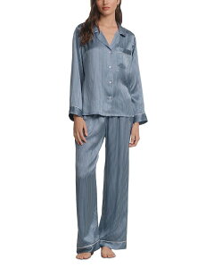 �G�o�[�W�F�C ���f�B�[�X �A�E�^�[ �p�[�J�[�E�X�E�F�b�g �v�����g �V���N Eberjey Inez Printed Washable Silk Long Pajama Set Duo Stripe Slate Blue �X���[�g