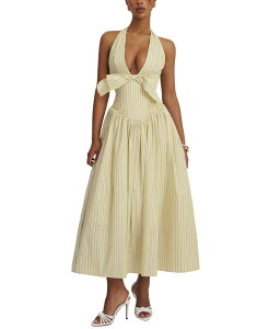 �~�X�T�[�N�� ���f�B�[�X �g�b�v�X �����s�[�X �R�b�g�� �}�L�V �z���^�[ Miss Circle Talise Cotton Poplin Stripe Plunging Halter Maxi Dress Yellow �C�G���[