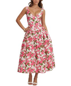 �~�X�T�[�N�� ���f�B�[�X �g�b�v�X �����s�[�X �t�����[�� �~�f�B ���l�� �t�����[ Miss Circle Wilfreda Blooming Floralinen Sweetheart Midi Dress Pink Floral �s���N