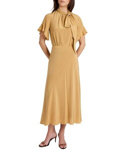 �T���g���b�� ���f�B�[�X �g�b�v�X �����s�[�X �~�f�B �V���N Santorelli Sabrina Silk Short Sleeve Tie Neck Midi Dress Dune Sand �T���h