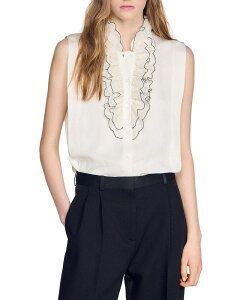 �T���h�� ���f�B�[�X �g�b�v�X �V���c �t���� �R���g���X�g Sandro Contrast Ruffle Shirt Ecru �G�N����