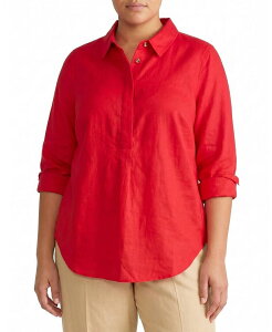 ���j�o�[�T�� �X�^���_�[�h ���f�B�[�X �g�b�v�X �V���c �v���X�T�C�Y ���l�� Universal Standard Women's Plus Elbe Popover Stretch Linen Shirt Brilliant Red ���b�h