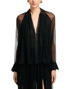���B���X ���f�B�[�X �g�b�v�X �V���c �V�A�[ Vince Spread Collar Dot Sheer Sleeve Top Black �u���b�N