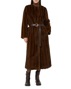 �}�b�N�X�}�[�� ���f�B�[�X �A�E�^�[ �R�[�g Max Mara Studio Mstorma Belted Faux Fur Coat Hazelnut Brown �u���E��