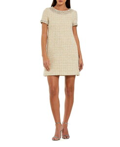 �}�b�N�_�K�� ���f�B�[�X �g�b�v�X �����s�[�X �~�j Mac Duggal Short Sleeve Boucle Beaded Mini Dress Ivory Gold �A�C�{���[