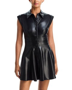 �A���X�A���h�I���r�A ���f�B�[�X �g�b�v�X �V���c �~�j ���U�[ �t�F�C�N���U�[ Alice and Olivia Kim Faux Leather Paneled Corset Fla red Mini Shirt Dress Black �u���b�N