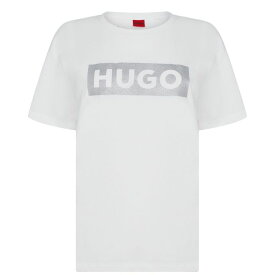 【送料無料】 フューゴ レディース Tシャツ トップス Hugo Demali Glitter T-Shirt Womens White 100