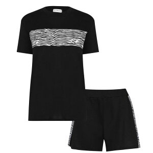 ���l�A�y�� ���f�B�[�X �g�b�v�X T�V���c �v�����g Linea Animal Printed Short and Tee Loungewear Co Ord Set Black �u���b�N