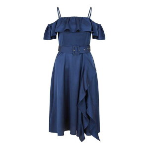 ���~�L�� ���f�B�[�X �g�b�v�X �����s�[�X �T�e�� Yumi Navy Bardot Satin Frill Dress With Belt Navy �l�C�r�[