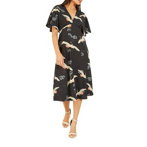 ���~�L�� ���f�B�[�X �g�b�v�X �����s�[�X �~�f�B�����s�[�X �v�����g �~�f�B Yumi Black Crane Print Kimono Midi Dress Black �u���b�N