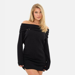 �A�C�\�E�C�b�g�t�@�[�X�g ���f�B�[�X �A�E�^�[ �j�b�g�E�Z�[�^�[ �~�j I Saw It First Women's Trim Bardot Mini Long Sleeve Knitted Jumper Dress Black �u���b�N