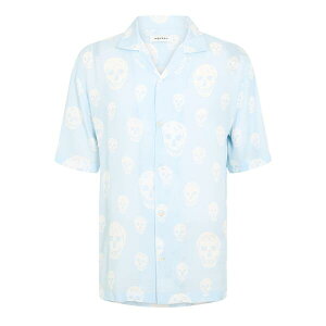�A���L�T���_�[�E�}�b�N�C�[�� �����Y �g�b�v�X �V���c Alexander McQueen Men's Alex Skull Short Sleeve Patterned Shirt Ice Blue �u���[