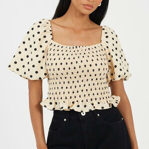 �u���[�u�\�E�� ���f�B�[�X �g�b�v�X �V���c �h�b�g�� �h�b�g Brave Soul Womens Puff Sleeve Shirred Bust Polka Dotop Cream/Black �N���[��