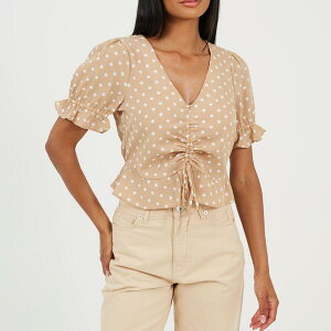 �u���[�u�\�E�� ���f�B�[�X �g�b�v�X �V���c �h�b�g�� �h�b�g Brave Soul Womenshort Sleeve Polka Dotop with Centre Ruching Stone/White �z���C�g