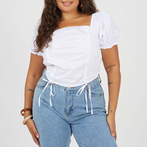 �u���[�u�\�E�� ���f�B�[�X �g�b�v�X �V���c �v���X�T�C�Y �M���U�[ Brave Soul Plusize Womens Puff Sleeve Top with Ruched and Tie Details. White �z���C�g