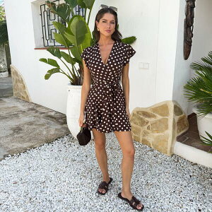 �A�b�N�X�p�� ���f�B�[�X �g�b�v�X �����s�[�X �h�b�g�� �h�b�g �v�����g �~�j AX Paris Chocolate Polka Dot Print Wrap Top Skater Mini Dress Chocolate �`���R���[�g